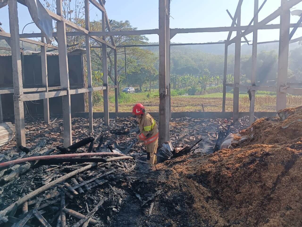 Petugas Damkarmat Kabupaten Bojonegoro memadamkan kebakaran kandang ayam di Desa Tanggir, Kecamatan Malo, yang diduga dipicu korsleting listrik.