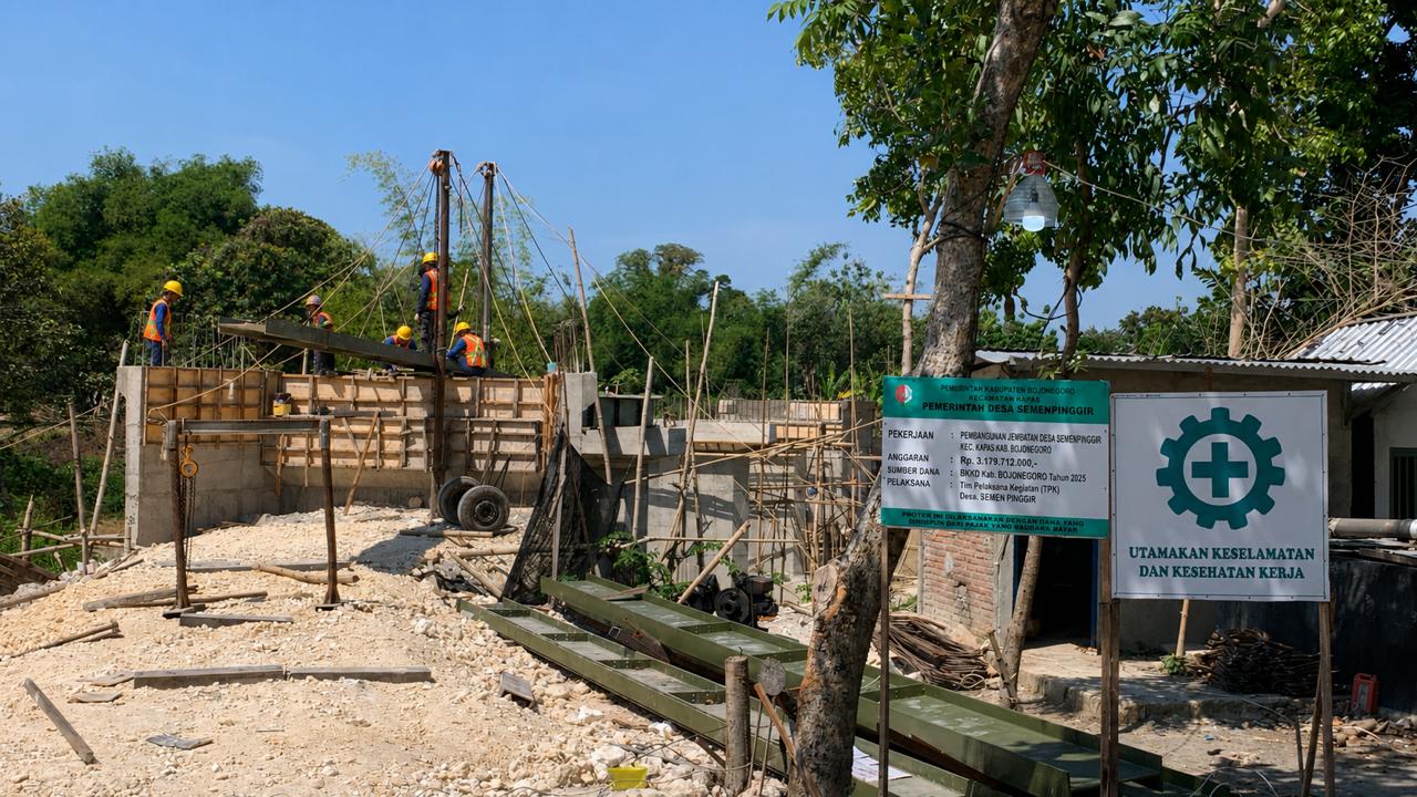 Progres pembangunan Jembatan Desa Semenpinggir Kecamatan Kapas Bojonegoro.