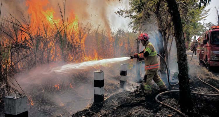 Petugas Damkarmat Bojonegoro memadamkan kebakaran lahan tebu akibat pembakaran sampah di Tambakrejo.