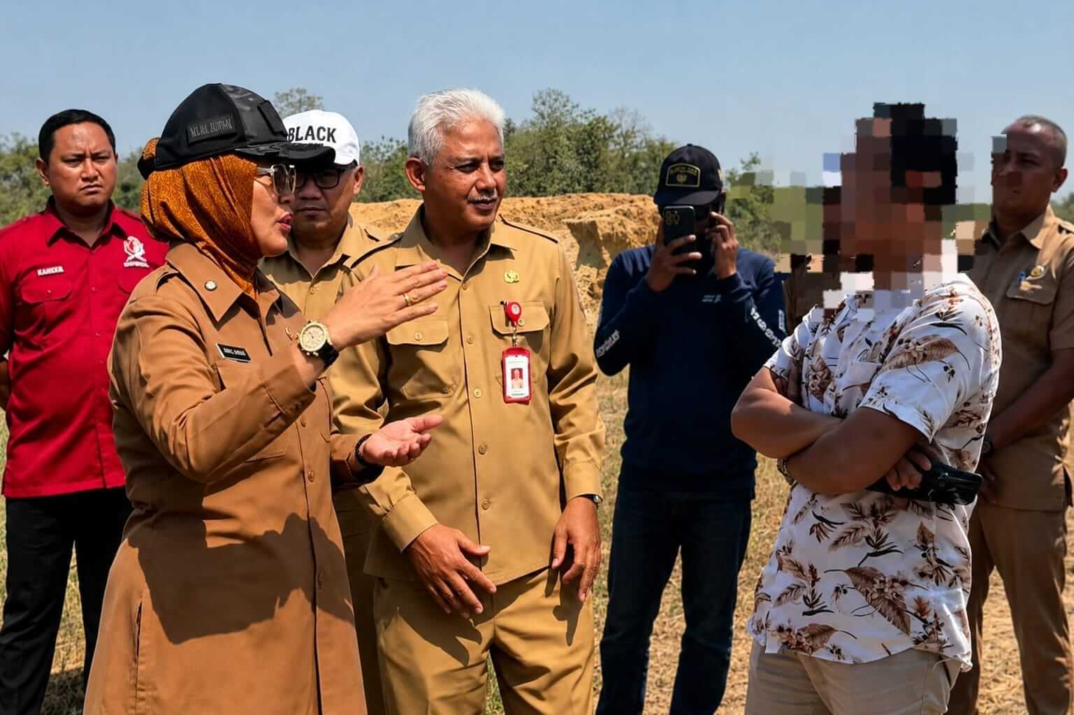 Wakil Bupati Bojonegoro Nurul Azizah bersama jajaran terkait melakukan sidak aktivitas penggalian dan pengangkutan tanah di Dusun Kentong, Desa Sumberejo, Kecamatan Malo. Dalam sidak tersebut, tim menemukan puluhan truk mengantre mengangkut material tanah dan memeriksa dokumen perizinan yang ditunjukkan penjaga lokasi. (AI).