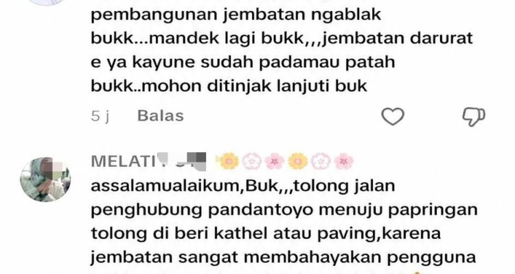 Gambar tangkapan layar keluhan warga di media sosial terkait Jembatan Ngablak di Bojonegoro yang dibangun melalui program BKKD 2025.