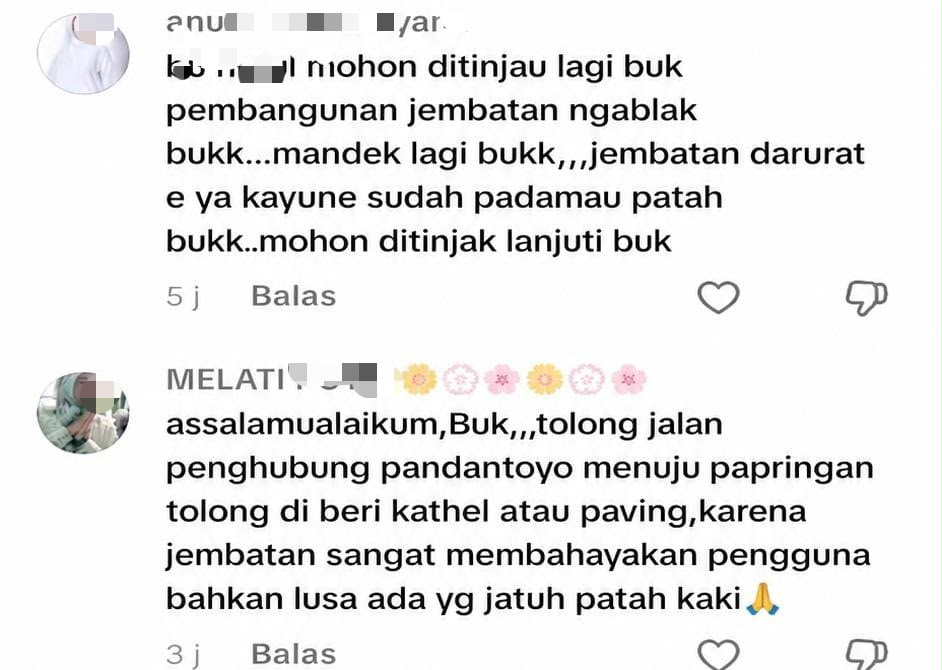Gambar tangkapan layar keluhan warga di media sosial terkait Jembatan Ngablak di Bojonegoro yang dibangun melalui program BKKD 2025.