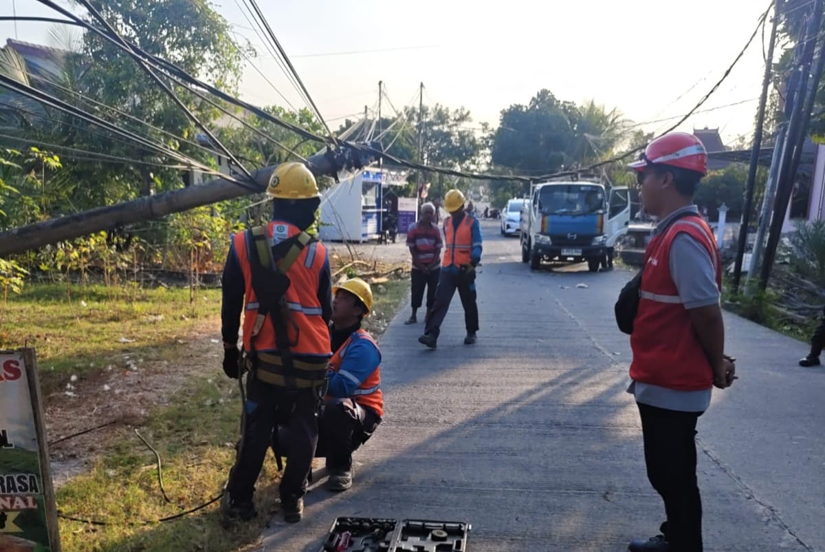 Tim PLN UP3 Bojonegoro melakukan penanganan pohon randu tumbang yang menimpa jaringan listrik di Dukuh Tempuran, Desa Sumodikaran, Kecamatan Dander.