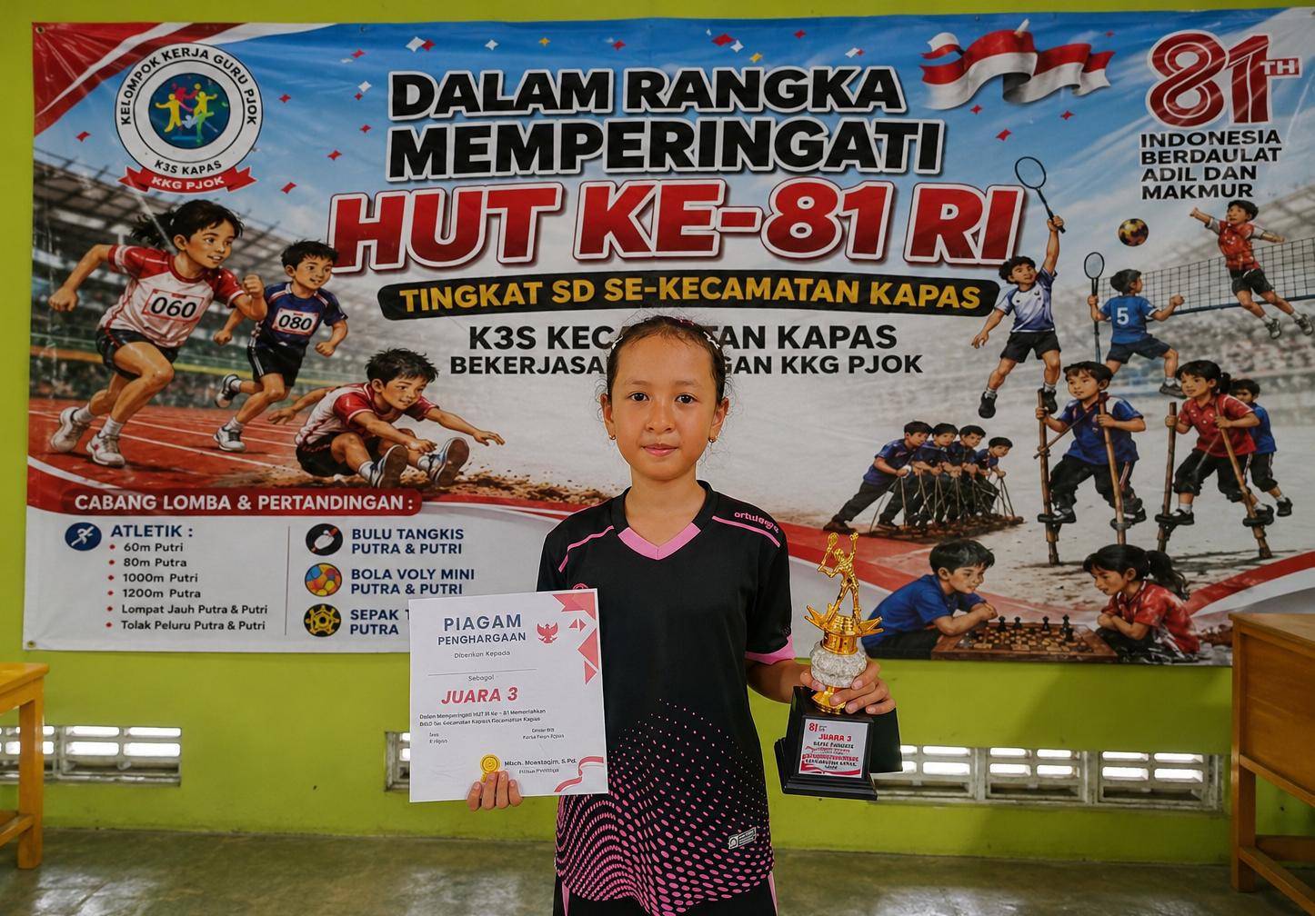 Siswi SDN Mojodeso, Mutiara Ayu Sukmawati, meraih juara 3 bulutangkis tunggal putri tingkat SD se-Kecamatan Kapas dalam rangka memperingati HUT ke-81 RI.