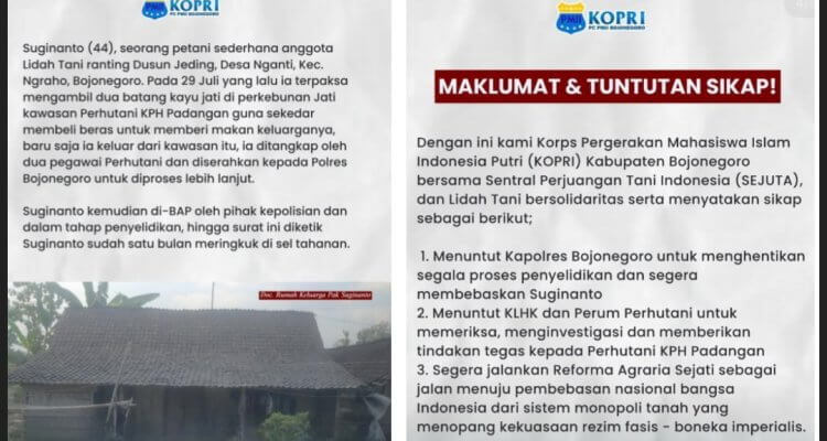 Tangkapan layar unggahan KOPRI PC PMII Bojonegoro yang menunjukkan petani asal Kecamatan Ngraho, Bojonegoro, mendapat dukungan dari KOPRI PC PMII Bojonegoro dan kelompok pendamping petani.