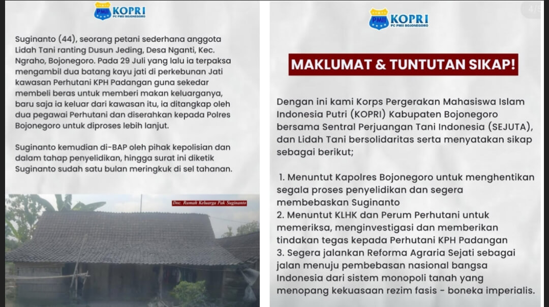 Tangkapan layar unggahan KOPRI PC PMII Bojonegoro yang menunjukkan petani asal Kecamatan Ngraho, Bojonegoro, mendapat dukungan dari KOPRI PC PMII Bojonegoro dan kelompok pendamping petani.