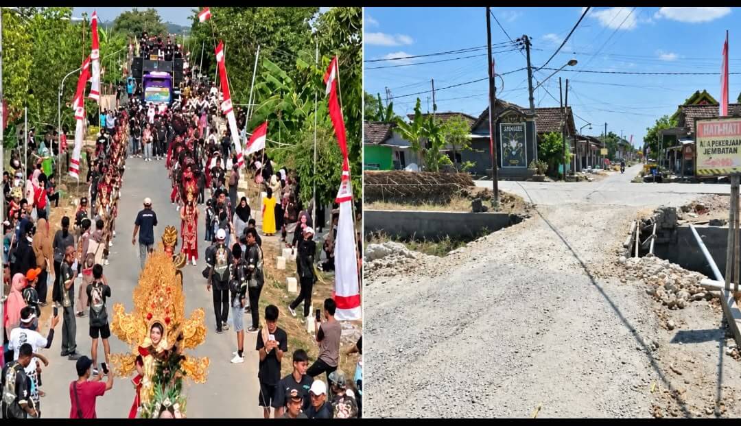 Gelaran Sound Horeg Bayemgede dan kondisi jembatan yang menjadi sorotan masyarakat di Kecamatan Kepohbaru, Bojonegoro.