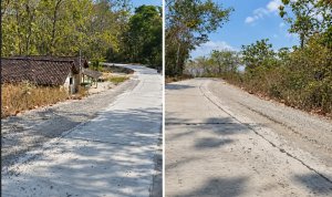 Tumpahan material cor beton yang mengeras di ruas jalan Desa Ngelo, Kecamatan Margomulyo, Bojonegoro, dikeluhkan warga karena dinilai membahayakan pengguna jalan.