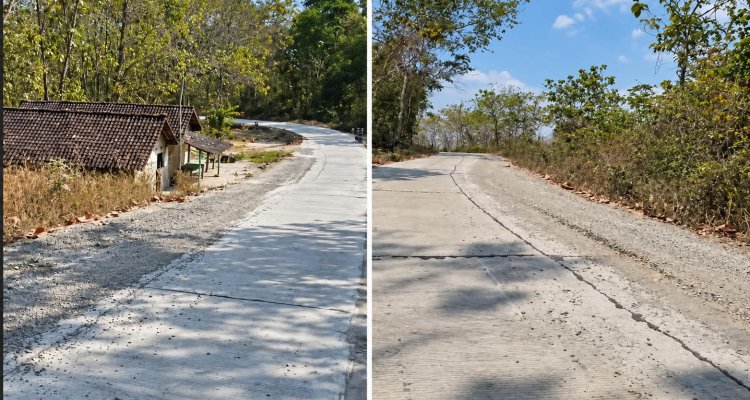 Tumpahan material cor beton yang mengeras di ruas jalan Desa Ngelo, Kecamatan Margomulyo, Bojonegoro, dikeluhkan warga karena dinilai membahayakan pengguna jalan.