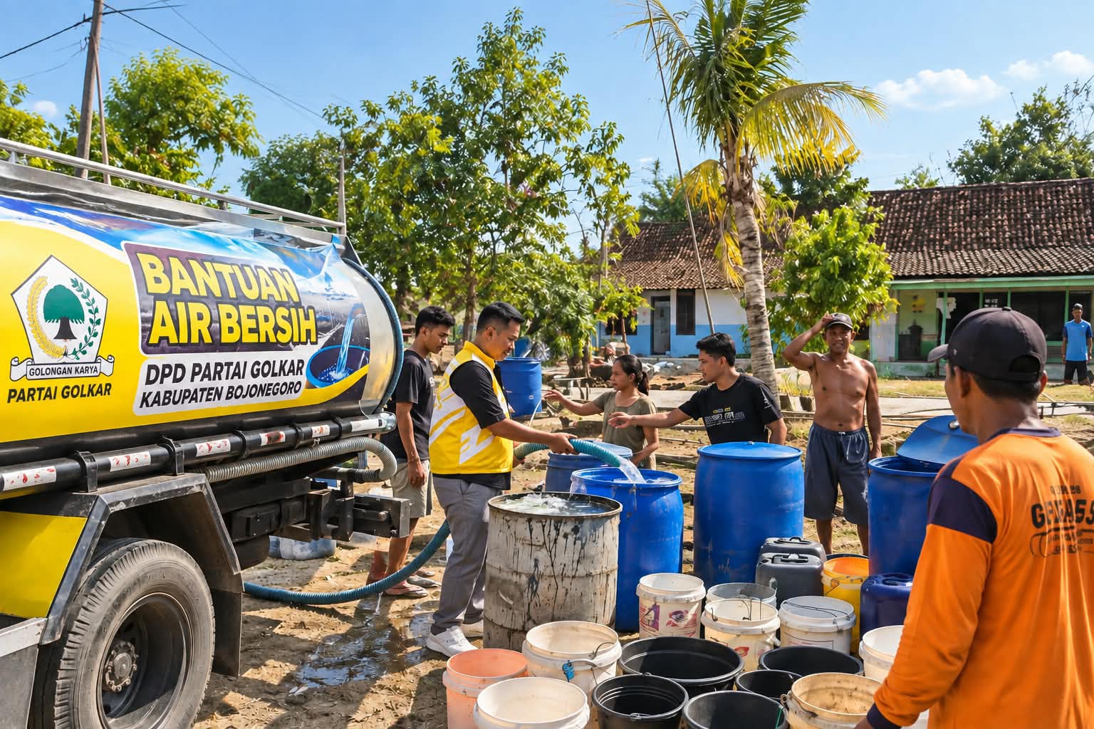 DPD Partai Golkar Bojonegoro menyalurkan bantuan air bersih untuk warga terdampak kekeringan di sejumlah desa.