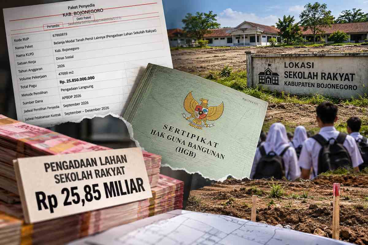 Ilustrasi pengadaan lahan Sekolah Rakyat Bojonegoro dengan pagu Rp25,85 miliar untuk luas 4,7 hektare. Ilustrasi pengadaan lahan Sekolah Rakyat Bojonegoro dengan pagu Rp25,85 miliar untuk luas 4,7 hektare.